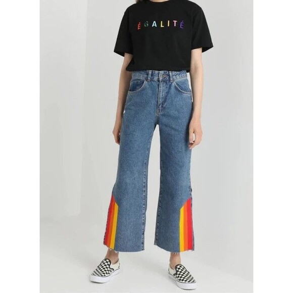 Ragged Priest Retro Rainbow Stripe Straight Leg Jeans Capri Fray Hem Women's 24 - Picture 1 of 11